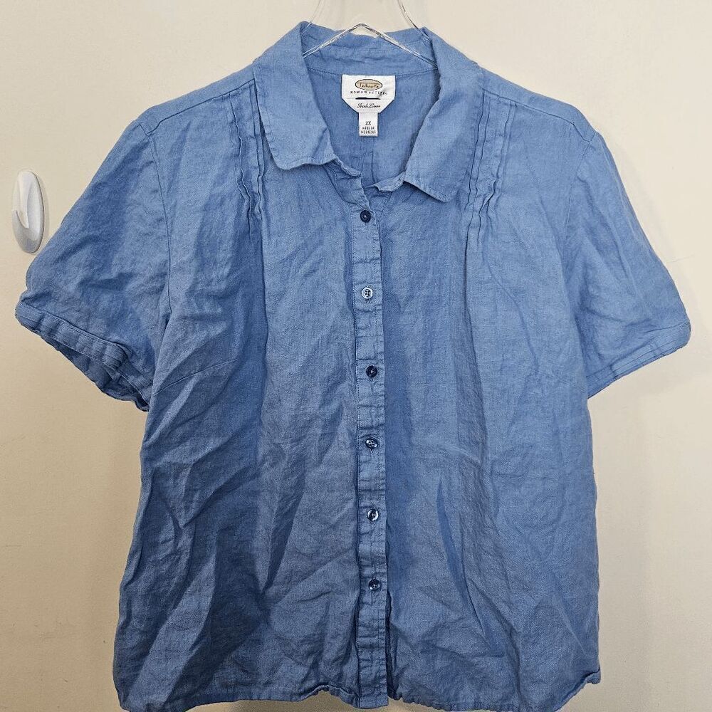 Talbots 100% Irish Linen Short Sleeve Button Down Shirt Shoulder Pintuck Women's